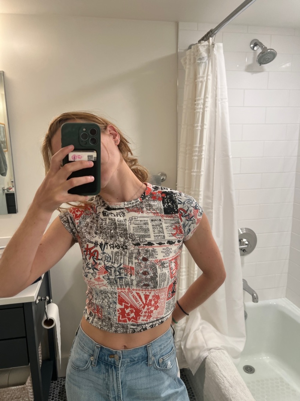 Urban Outfitters Red/Black/White Graphic Cap-Sleeve Crop Top